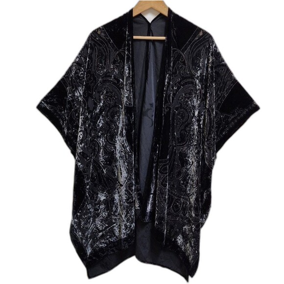 Haus of Denim Kimono Duster OS Black Silver Silk Blend Velvet Burnout Lace Open - Picture 1 of 16